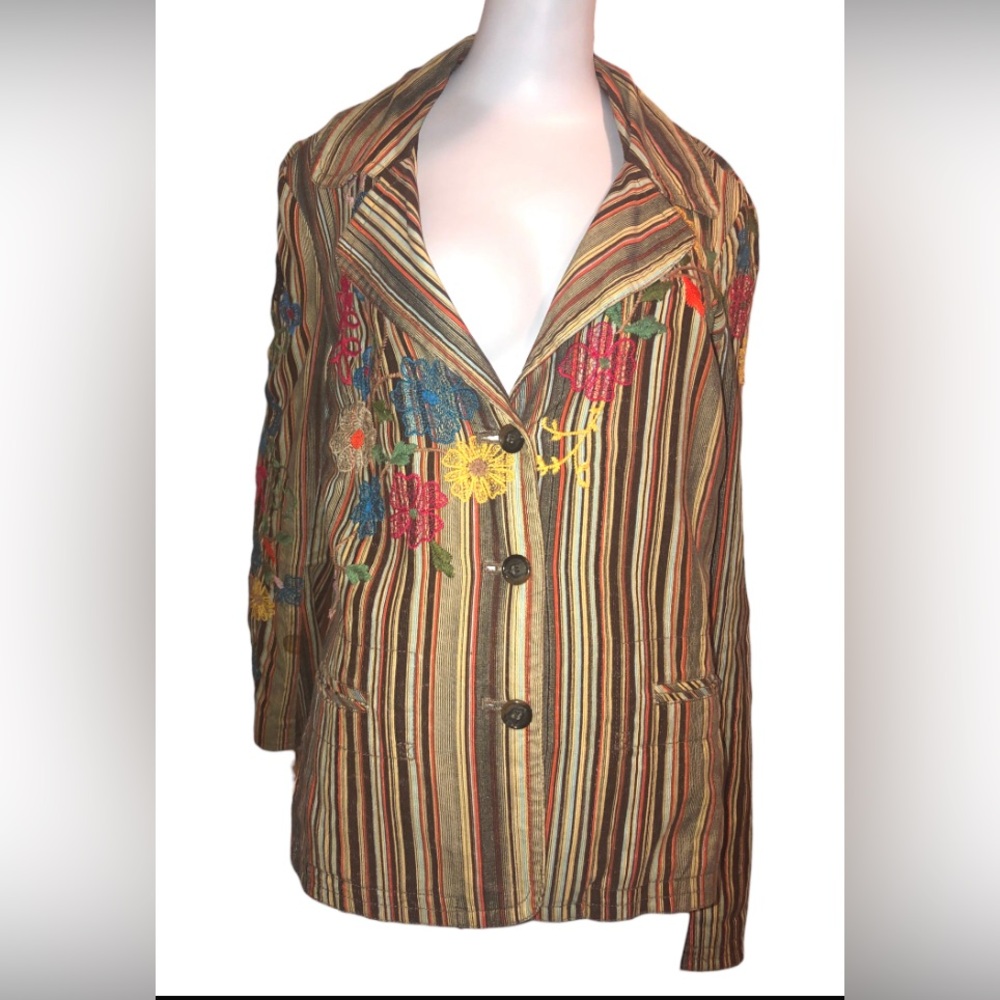 VTG Johnny Was SZ M Corduroy Button Down Blazer Jacket Embroidered Flowers